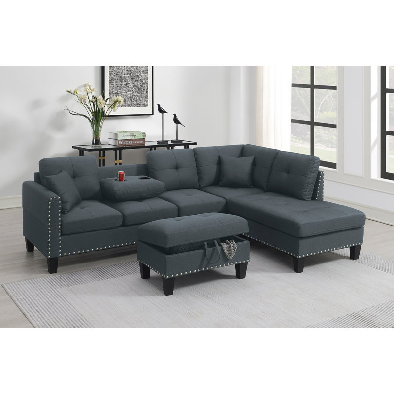 Ensemble de canapé modulaire 3 pièces avec canapé-lit avec rangement Living Room Furniture, Tissu gris foncé