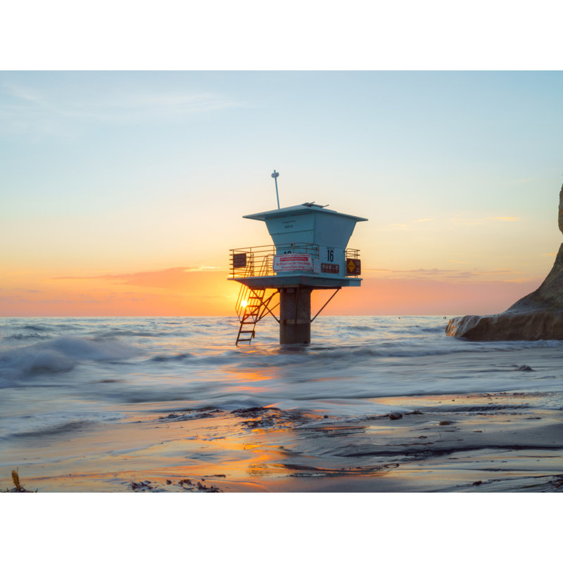 Lifeguard Tower Sunset In Encinitas, California Print by Brian Mc Clean, Black Framed Paper, 16" H x 20" W