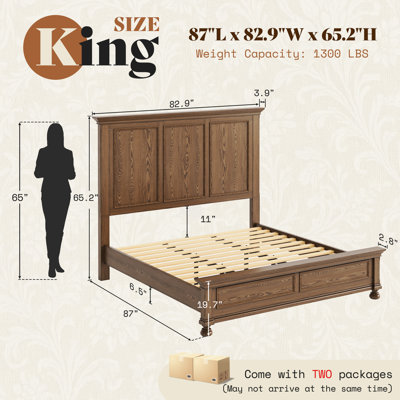 65" H King Size Solid Wood Bed with Roman Column Legs, Light Brown