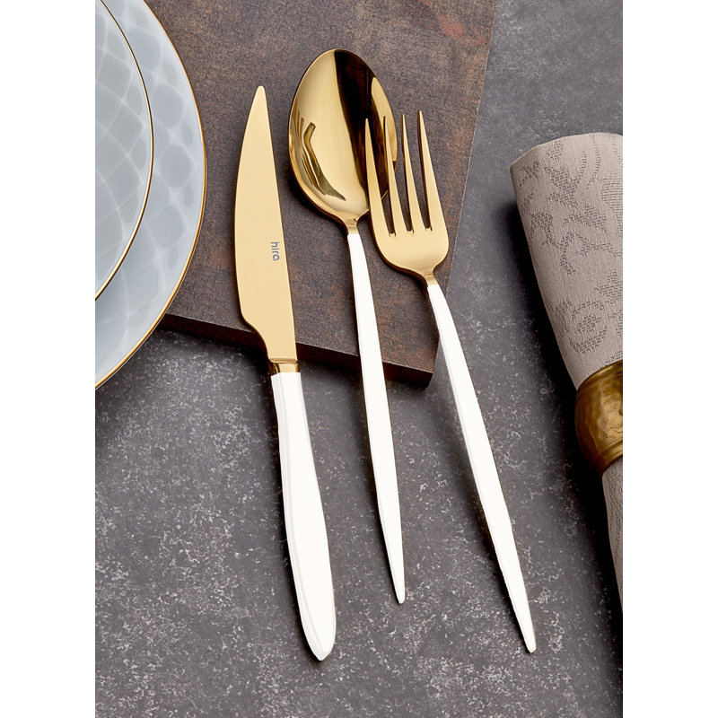 Hanah Home Dynasty 18 Piece Stainless Steel Cutlery Set , Service for 6, White/Gold