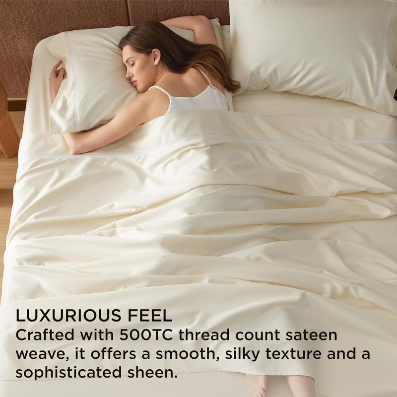 Bedsure 500TC Cotton Sheets, King Sheet Set with 2 Pillowcases, Pearled Ivory