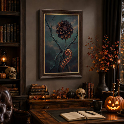 Toile murale d'Halloween représentant une fougère cuivrée en spirale, avec des branches épineuses et des fleurs sombres.