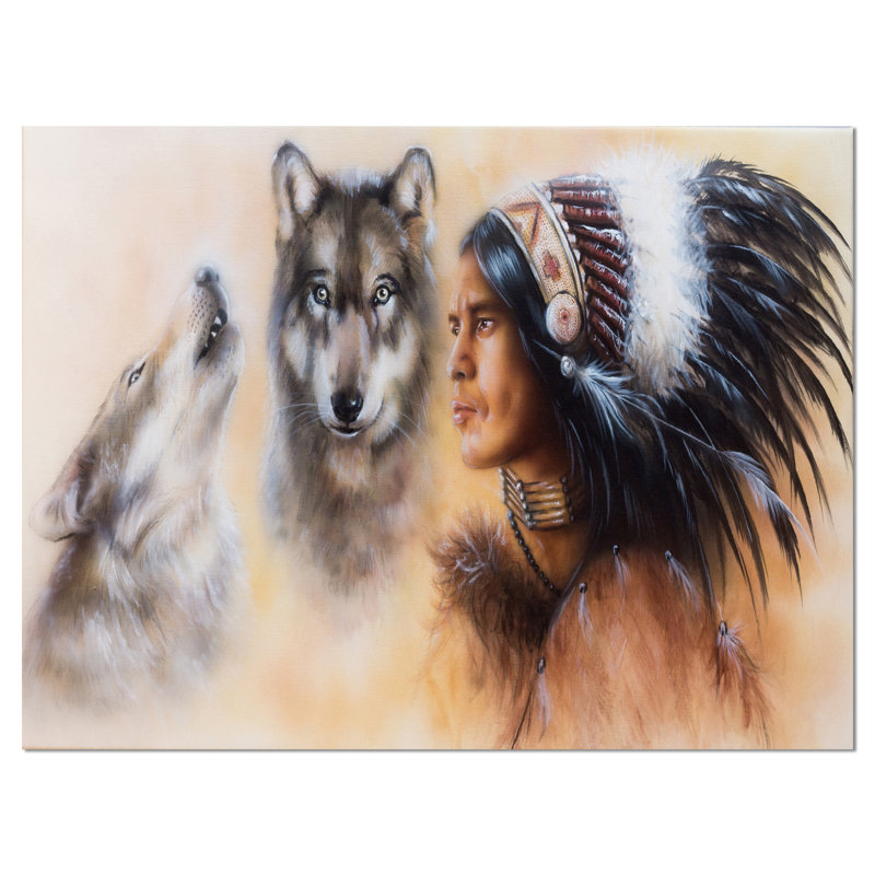 Animal, Indian Warrior, deux loups, Impression sur toile - Indian Warrior, H 30 po x l 40 po