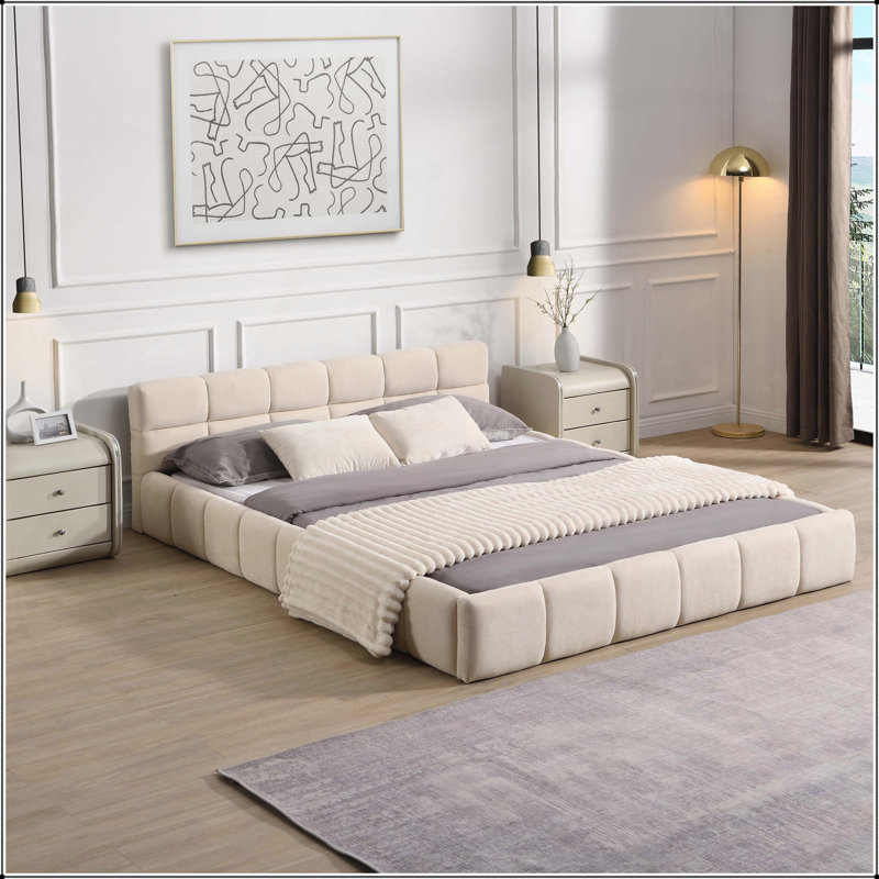 Élégant lit tapissier en chenille beige avec motif damier, grand, confort et style ultimes, Grand