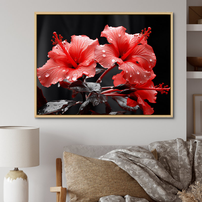 Hibiscus Attallah vibrant corail - imprimé, H 16 po x l 32 po x P 1 po, Cadre naturel flottant