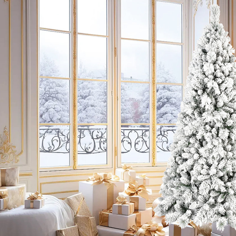 500 lumières DEL blanc chaud - arbre de Noël floqué amélioré de 7,5 pi, 1252 pointes enneigées touchées par le givre et branches à aiguilles dures, installation facile par charnières, base en métal pour les occasions festives orné d'une échelle de neige simple