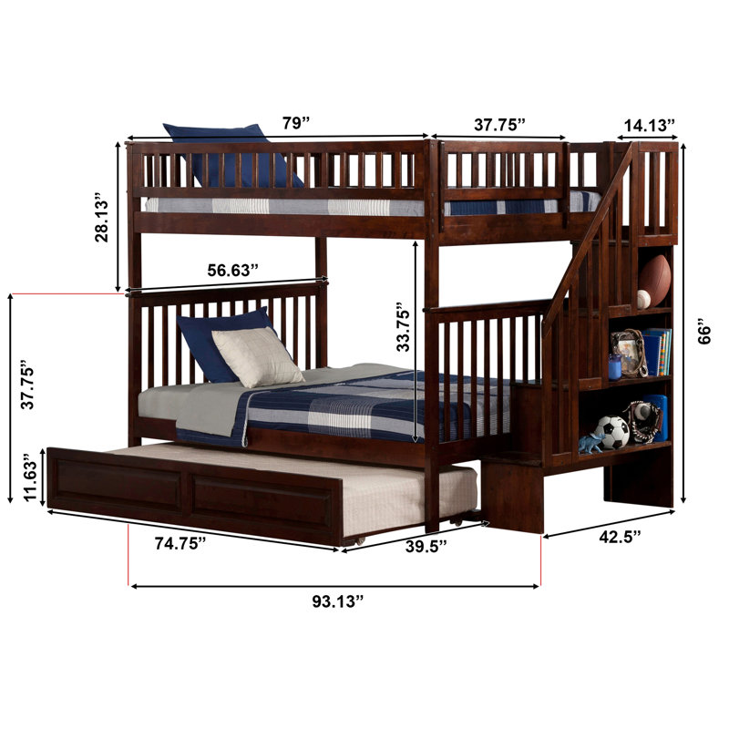 Henden Solid Wood Standard Staircase Bunk Bed with Twin Roll Out Trundle, Walnut, Full over Full