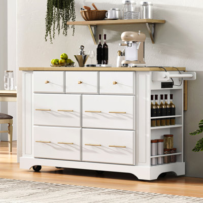 Kitchen Island With 6 Drawers, Pull Out Trash Can Storage, Rolling Kitchen Island On 5 Wheels With Drop Leaf, Power Outlet, 5 Open Side Racks