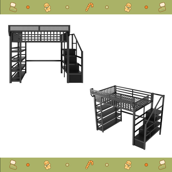 Harriet Bee Full Loft Bed With 4 Shelf Storage Rack And Charging ...