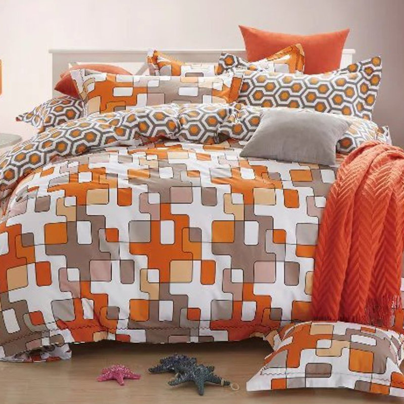 Orange and Taupe Geometric Cotton Queen Duvet Cover Set
