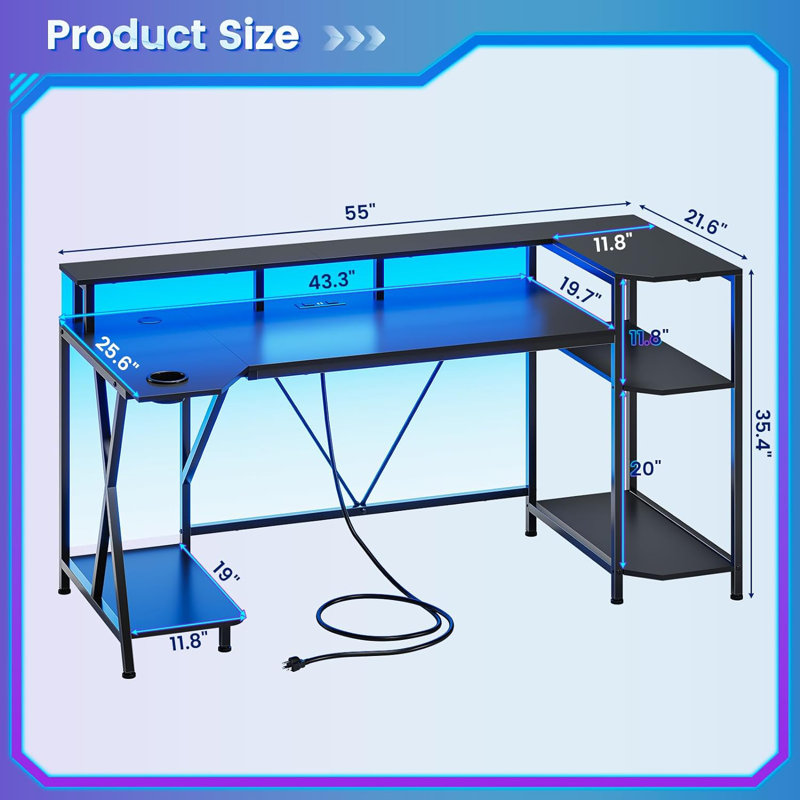Computer Desk  55'' With Led Lights, Black