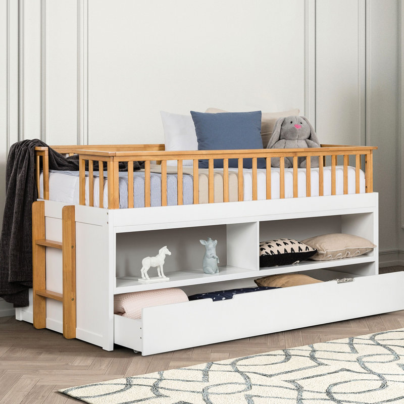 Lit-bateau simple transitionnel avec lit gigogne, chêne et blanc
