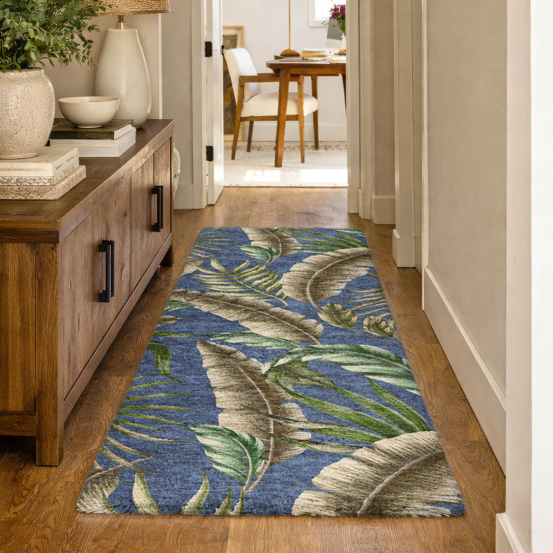 Premium Machine Washable Dream Shag ADS196 Leaves Rug, Blue, 2'3" x 7'6" Runner