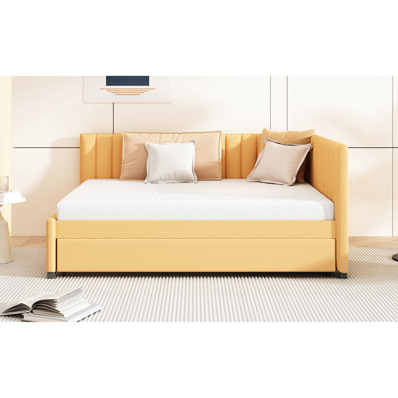 Yellow Linen Daybed With Trundle, No Box Spring Required, Stable And Robust Particle Board Structure For Home Upholstered Trundle In Linen, Spring, Wood Frame Space Optimization