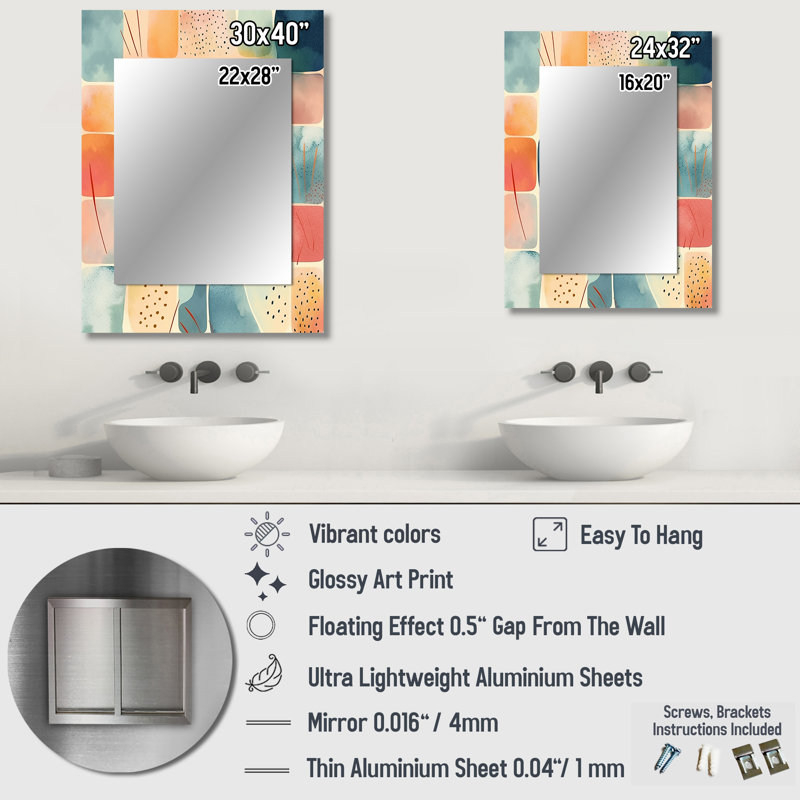 Orange amusant motif de formes III - miroir mural géométrique, miroir décoratif moderne, art imprimé en métal, 32 po x 24 po