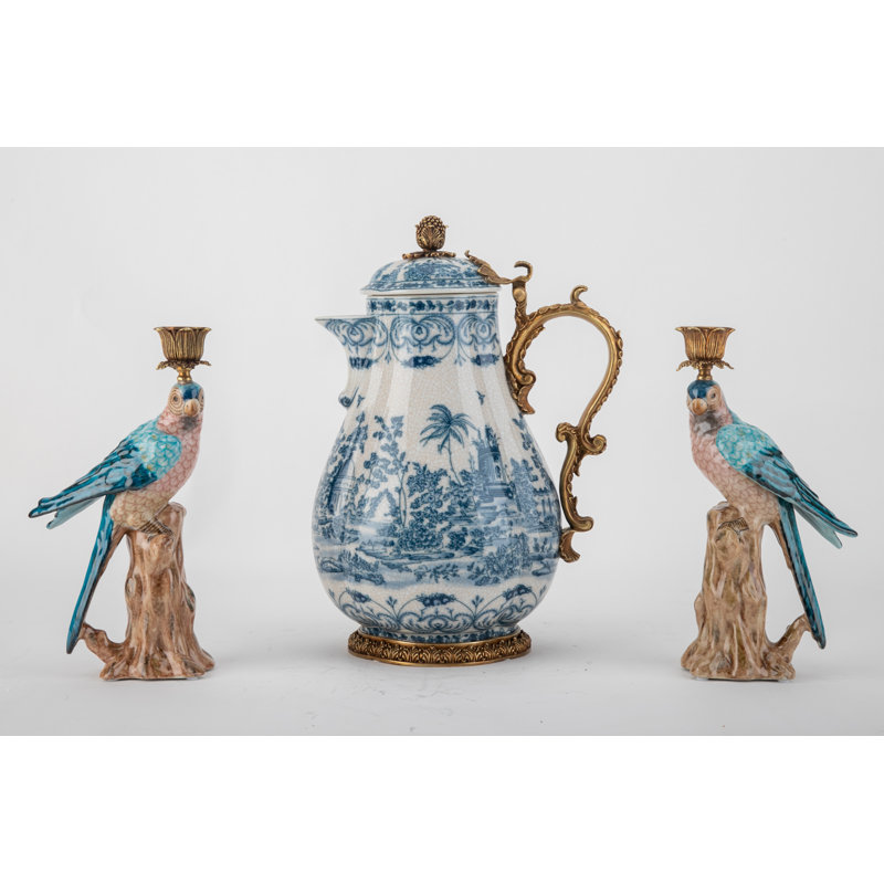 Porcelain Blue Parrot Candle Holder Pair with Bronze Ormolu