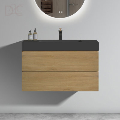 Meuble-lavabo mural de 36 po avec lavabo, grand meuble-lavabo flottant mural pour salle de bain moderne, lavabo une pièce noir sans drain, pré-assemblé