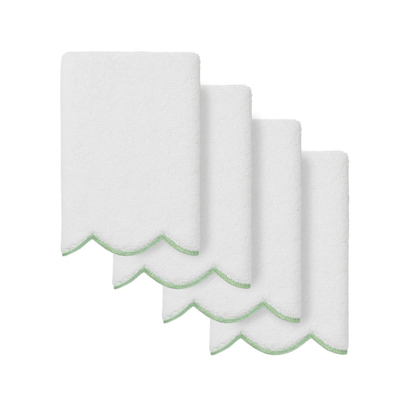  100% Turkish Cotton ADORNIA Scallop 4PC Fingertip Towel Set, White/Green, Fingertip Towel - 4 Pack