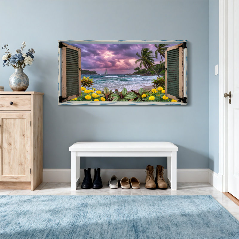 Paysage et nature, plage tropicale, vue à travers des volets, H 16 po x l 32 po