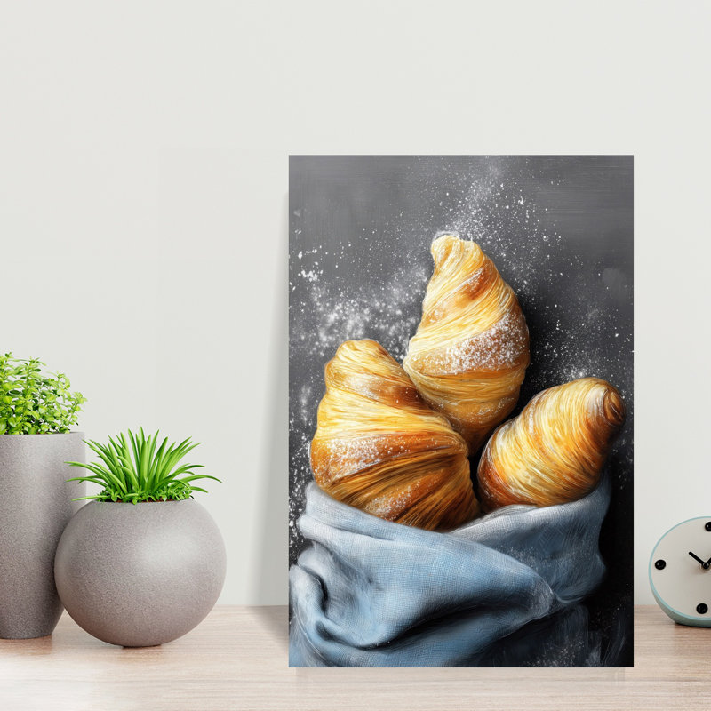 «Sweet Morning Croissants», art mural contemporain rustique, H 18 po x l 12 po