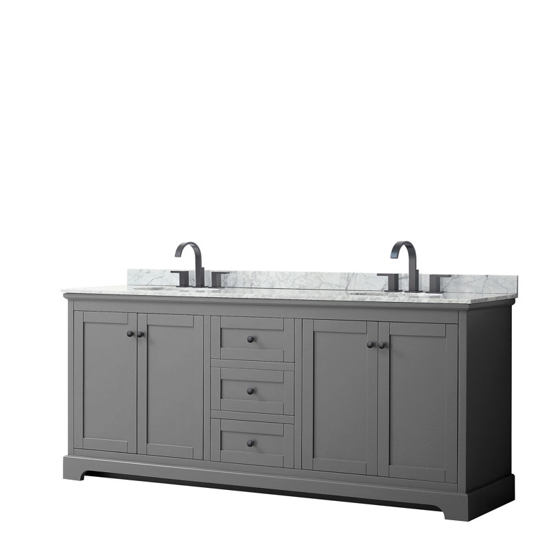 Avery 80'' Double Bathroom Vanity with Stone Top, Dark Gray, Matte Black