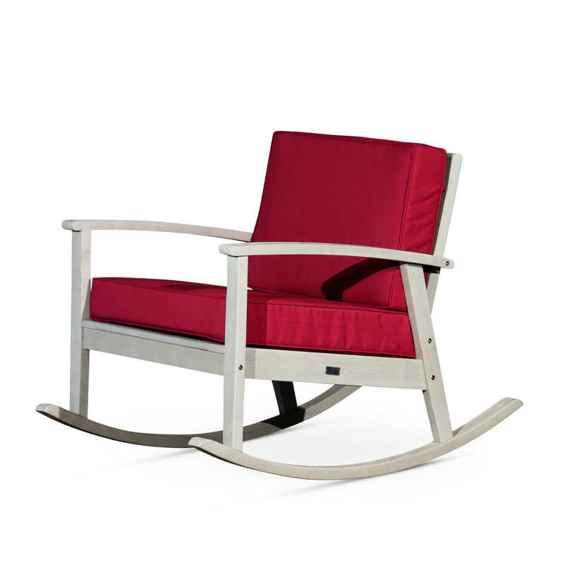 Chaise berçante en eucalyptus, gris bois flottant, confortable avec coussins bourgogne, conception antirouille résistante à la rouille