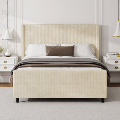 Structure de lit grand tapissier, tête de lit à oreilles 50,7 po avec velours côtelé à rayures verticales, lit plateforme crème sans sommier