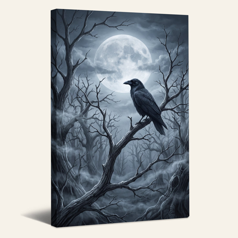 Art mural sur toile, "Black Raven" perché sur une branche torsadée sous Halloween, H 18 po x l 12 po