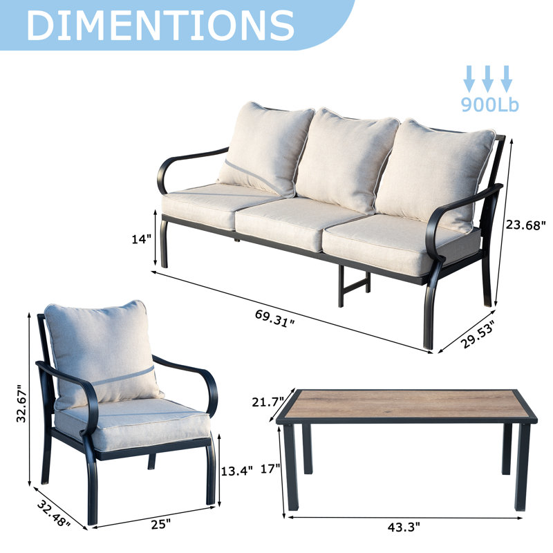 Ensemble de conversation pour patio 7 personnes avec coussins - canapé 3 places, 4 chaises fixes et table basse, ensemble de conversation en métal toutes saisons pour cour, jardin et balcon