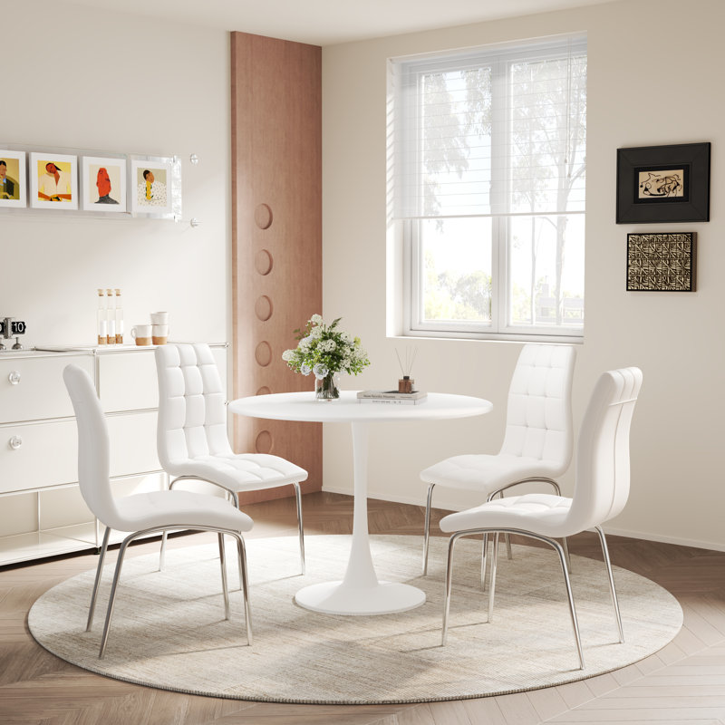 5 - Piece Pedestal Dining Set, White/White/Silver