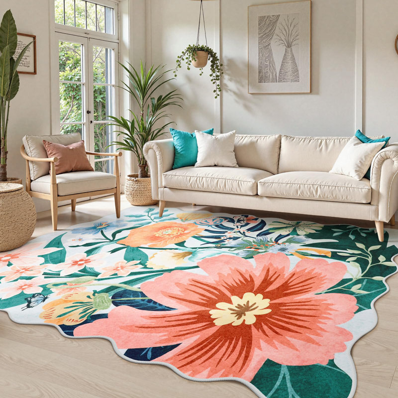 Tapis lavable pour tapis de salon antidérapant à motif floral antidérapant, Rectangulaire 8 pi x 10 pi