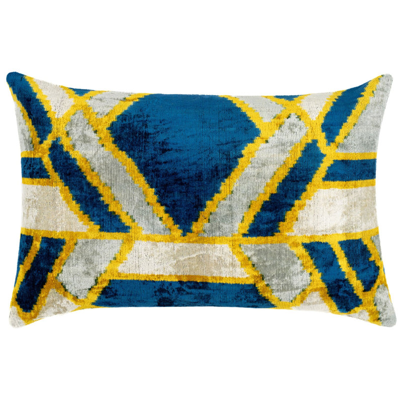 Velvet Lumbar Pillow Cover & Insert, Blue/Gray/Gold Geometric 2