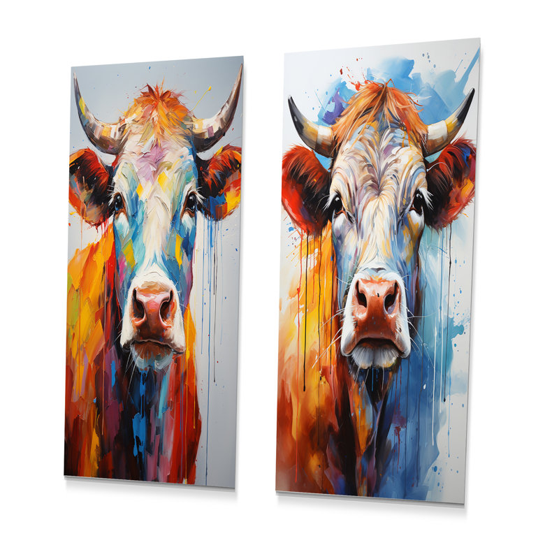 Vache colorée expressionniste - ensemble de 2 décorations murales en métal, H 28 po x l 24 po
