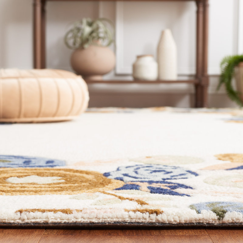 Ivory and Blue Floral Handmade Wool Rug, 3' x 5'