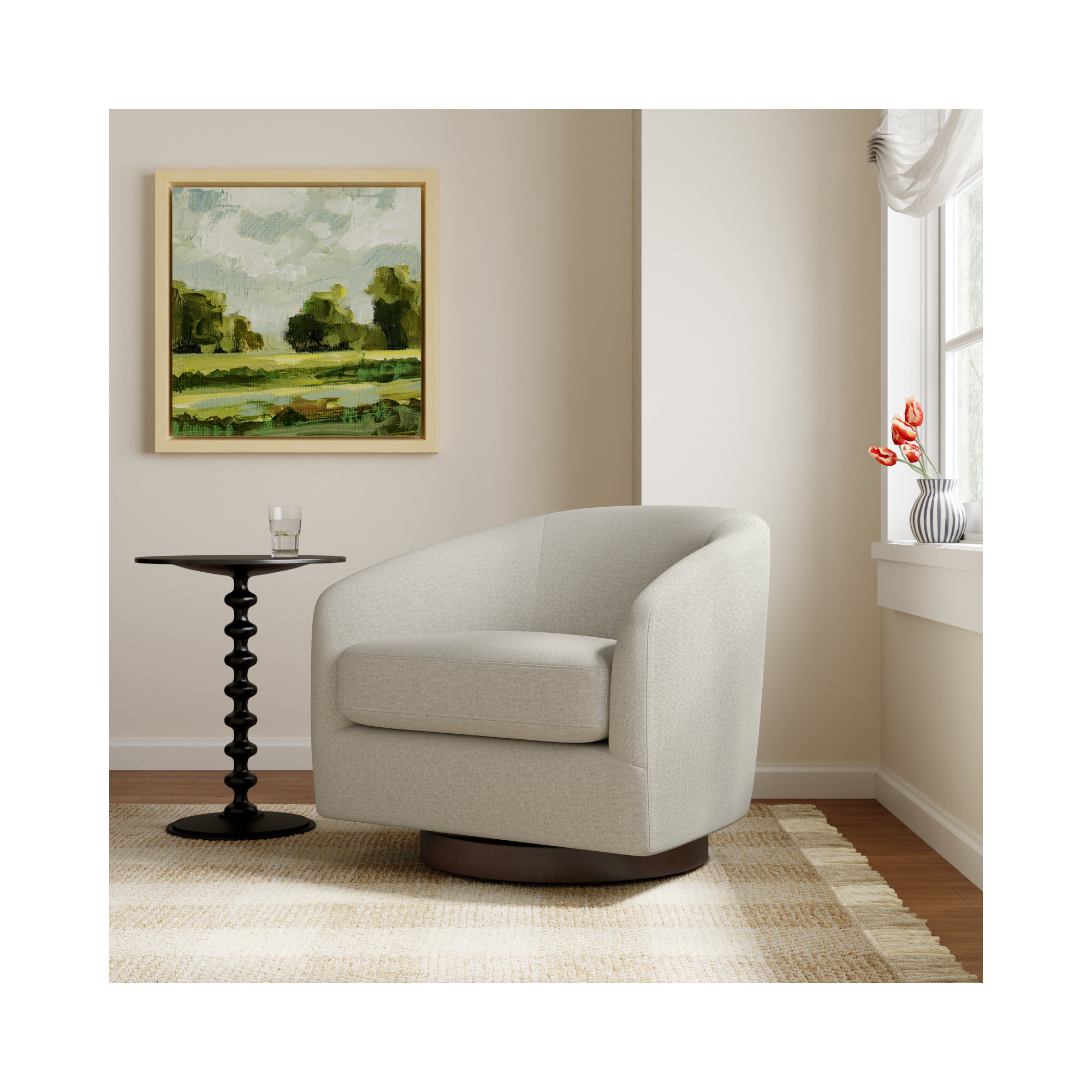 Bennett Upholstered Swivel Barrel Chair, Effie Linen Performance Linen