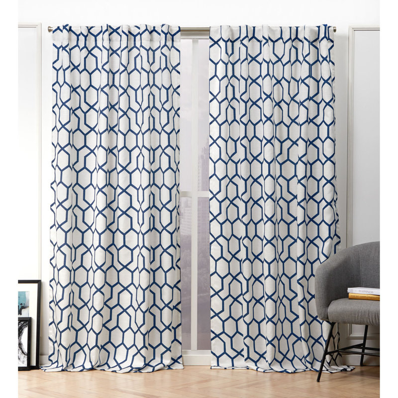 Indigo Blue Geometric Print Linen Blend Rod Pocket Drapes, 54" x 84"