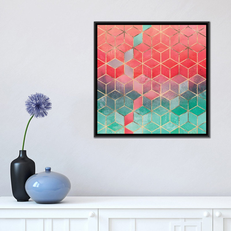 «Rose and Turquoise Cubes», impression sur toile, H 37 po x l 37 po x P 1,5 po, Toile avec cadre noir, Pas de tapis