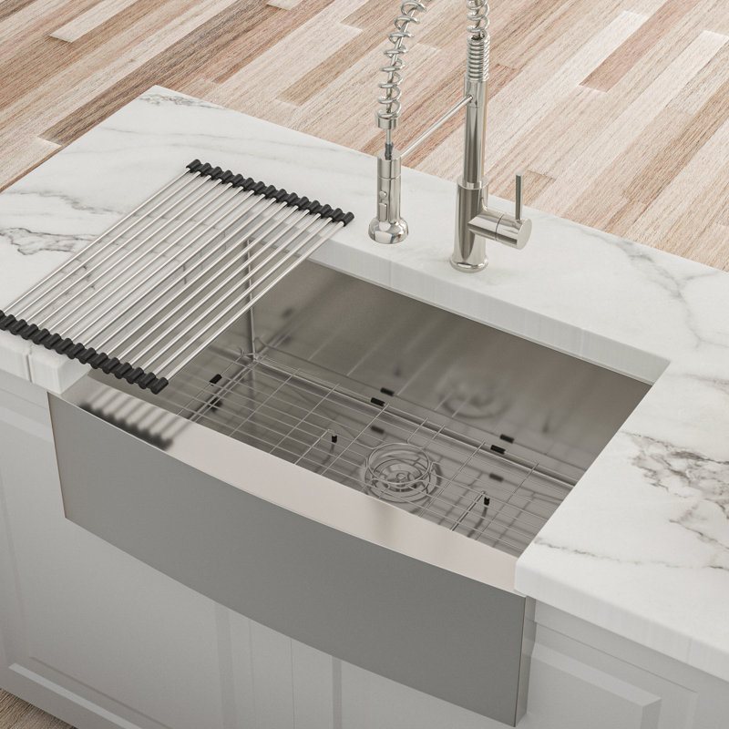 Évier de cuisine à tablier frontal en acier inoxydable T304 de calibre 16 de 24 po de profondeur, guide d'eau en forme de X pour un drainage en douceur, coin arrondi R10, revêtement à condensation, coussin de 3 m, ensemble avec ensemble de drain et