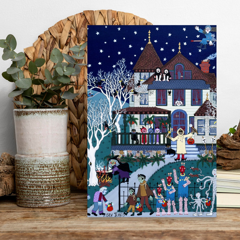 Spooky Halloween House Whimsical Abstract Contemporary Bat Cat Architecture Landscape Wall Art Print by Sev Ickes - Wrapped Canvas Print