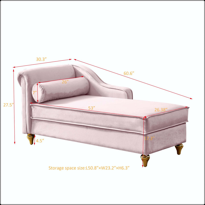 Chaise longue en velours avec rangement et pieds dorés, Rose