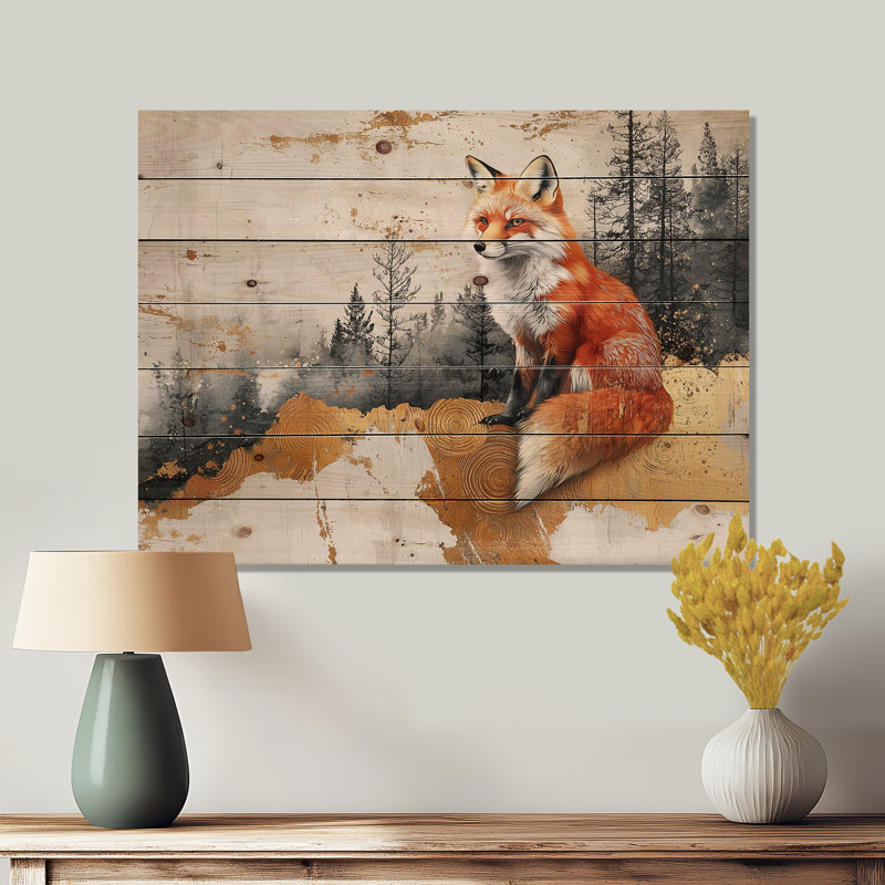 «Silent Fox In Forest Landscape II» - Décoration murale animal en bois de renard - sur bois de pin naturel, H 30 po x l 40 po