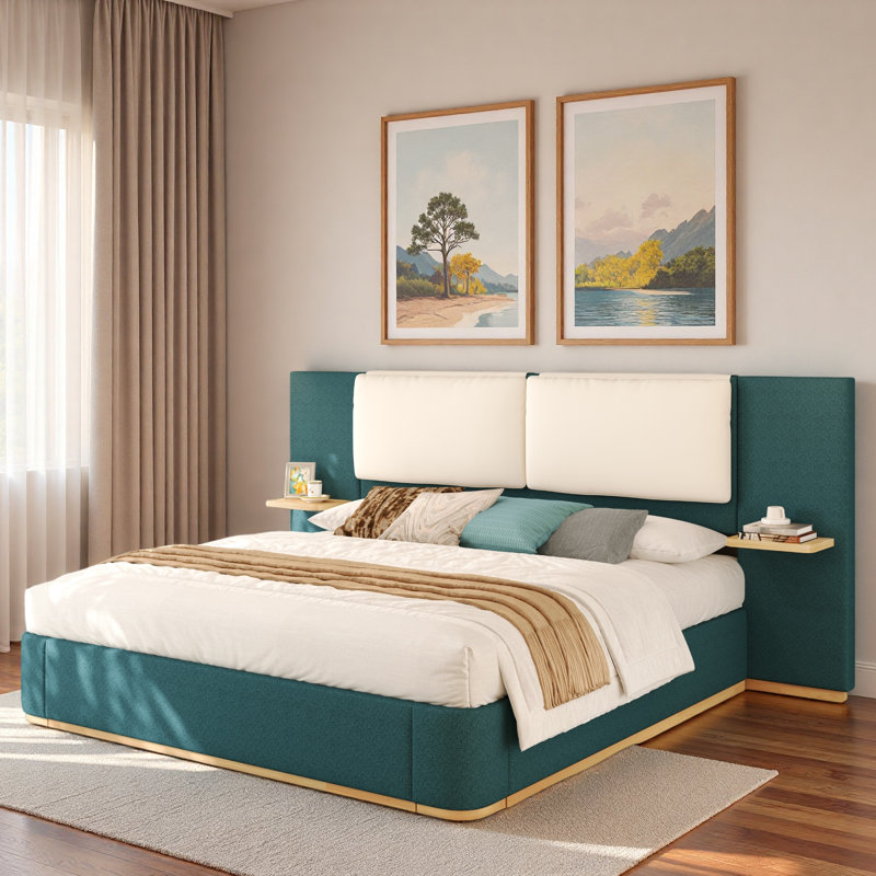 Lit plateforme tapissier avec tablettes, Très grand lit, Vert