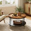 Table basse ronde en bois massif de 31,5 po, table basse de salon Boho avec rangement en métal et motif floral sculpté