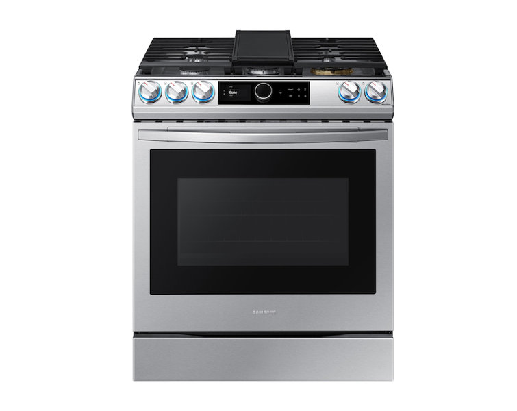 2 Piece Stainless Steel Kitchen Package with Smart Slide-In Gas Range and Smart SLIM Over-the-Range Microwave