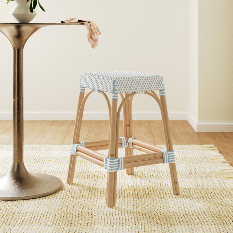 Lennart Counter/Bar Stool, White/Sky Blue Dot / Natural Rattan Frame, Counter Stool (24.5" Seat Height)
