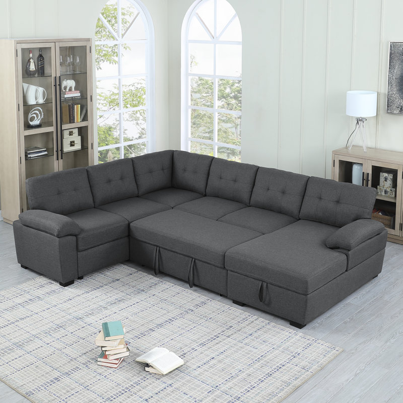 Aine 118" Wide Fabric Sectional Sleeper Sofa (Pull-Out Bed) With Storage Chaise, Dark Grey Fibre
