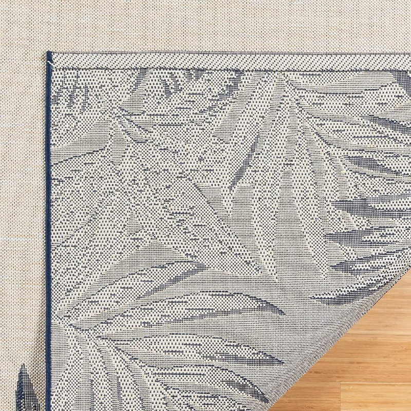 Arnaud Tropical Palm Border Navy Blue Ivory Flatweave Indoor/ Outdoor Area Rug, Rectangle 7'10" x 10'