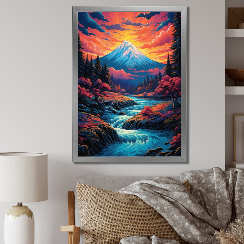 «Sunset over Snowy Mountains Japanese River I», reproduction sur toile, H 32 po x l 16 po x P 1 po, Cadre simple argenté