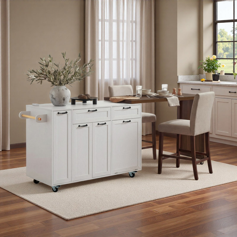 102.3" Kitchen Rolling Island Cart With Extendable Dining Table, Kitchen Island With 3-tier Pull-out Spice Rack, Trash Storage Cabinet,  Mobile Island Table On Wheels For Dining Room, Kitchen