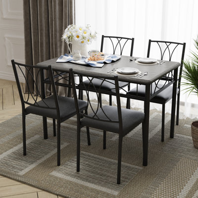 Rectangular Wood & Metal Dining Table Set for 4, Kitchen Dining Set with Curved Back Chairs, Space Saving Furniture for Small Apartment, Breakfast Nook